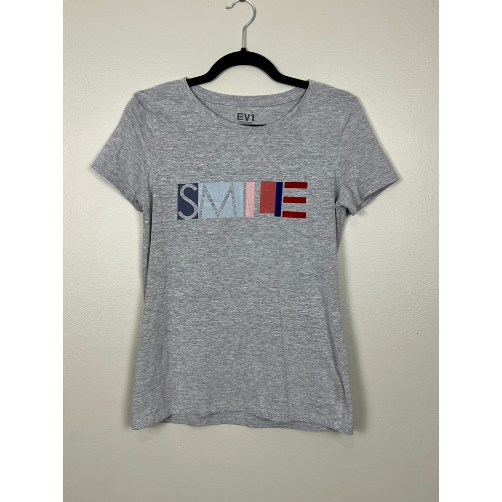 EV1 Ellen‎ DeGeneres Womens Smile Graphic T-Shirt Gray Short Sleeve Small